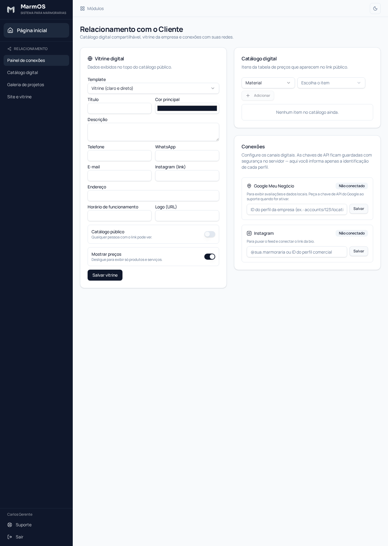 Tela real do MarmOS: Relacionamento com o cliente